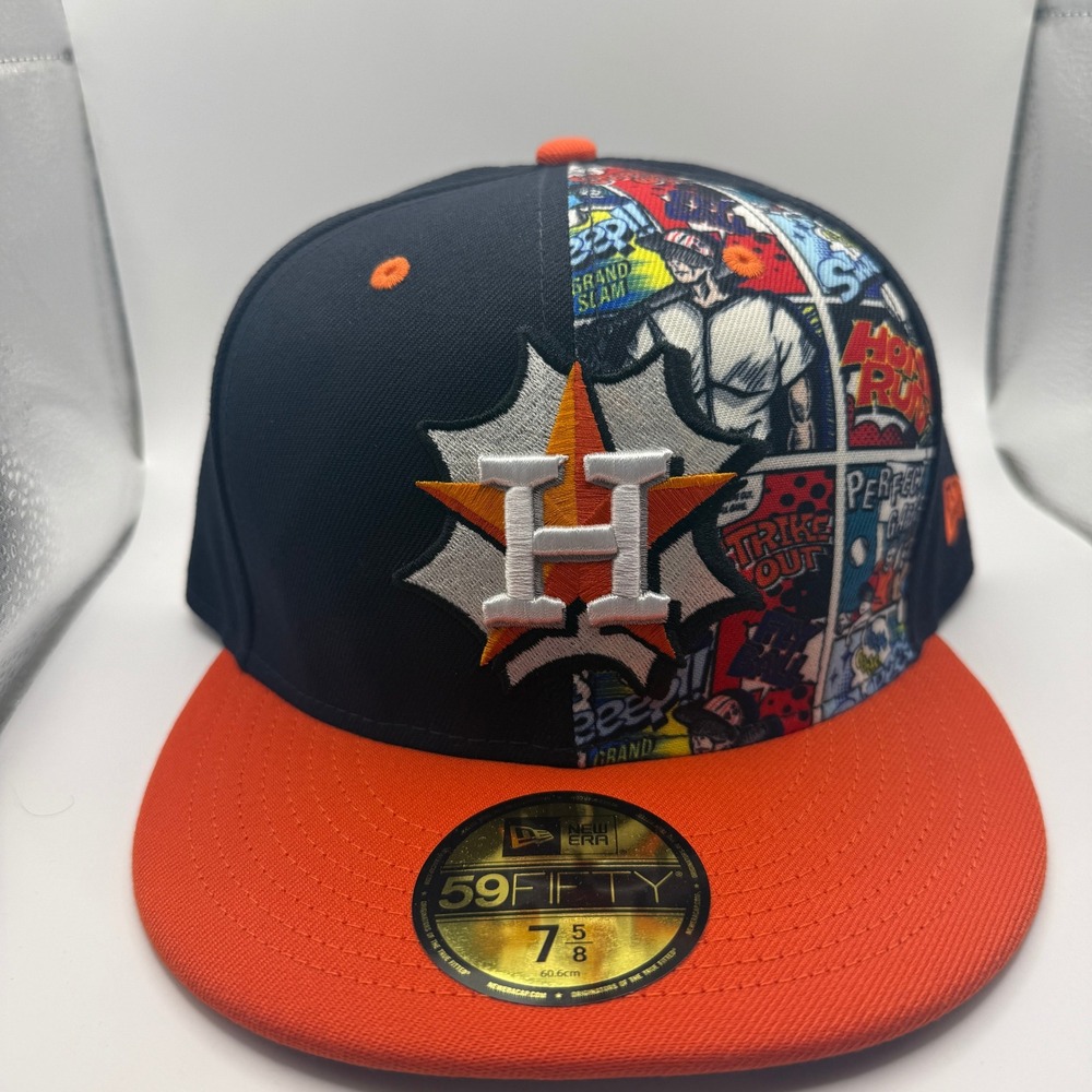 New Era 59FIFTY Houston Astros Comic Graphic Fitted Hat 7 5/8 Navy Orange